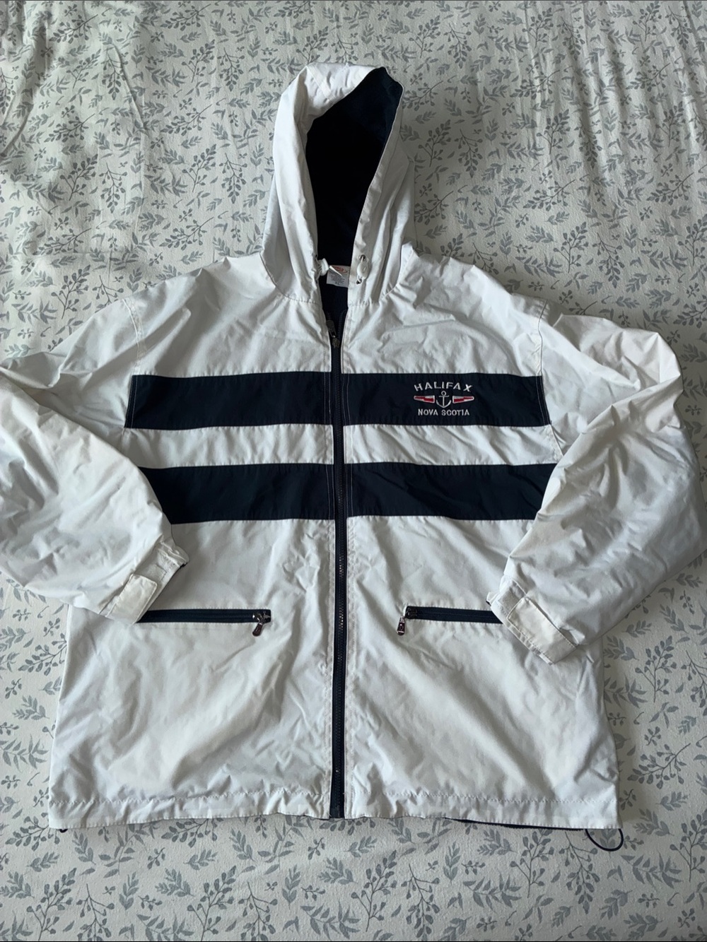 Halifax Men’s White Hooded Raincoat with Navy Stripes